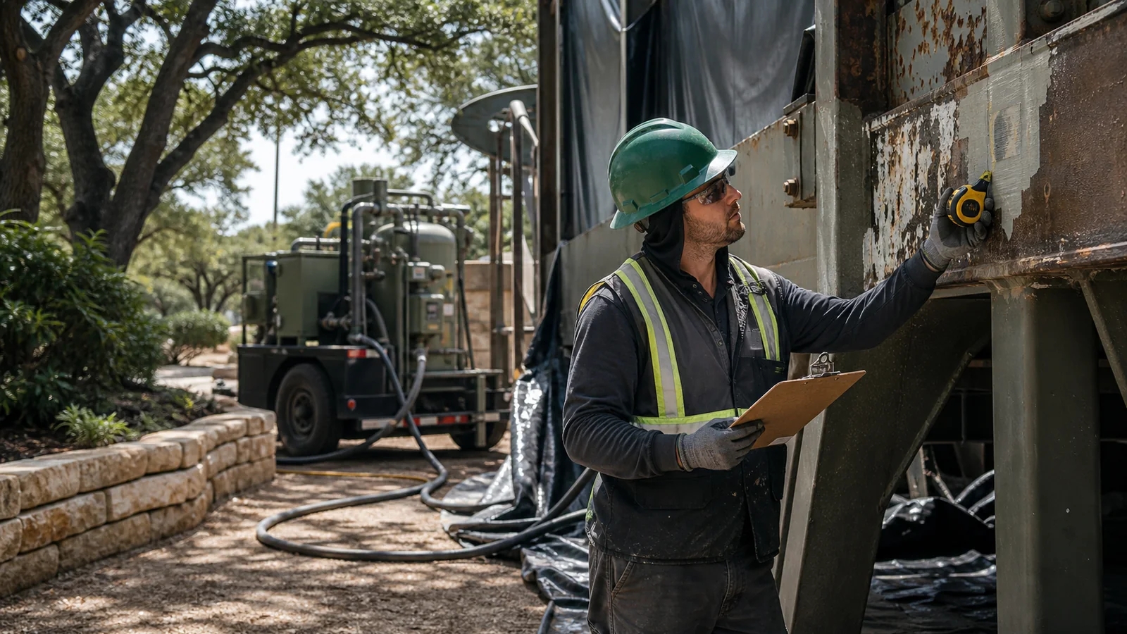 Technician evaluating a coated steel surface before quoting mobile blasting in Austin
